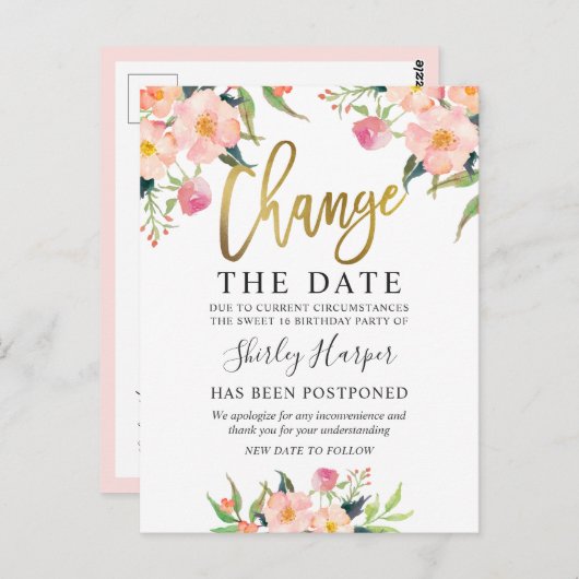 Carte Postale Changer la date écriture dorée florale rose (Devant / Derrière)