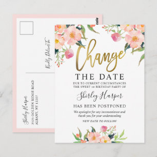 Carte Postale Changer la date rose floral or script