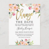 Carte Postale Changer la date rose floral or script (Devant)