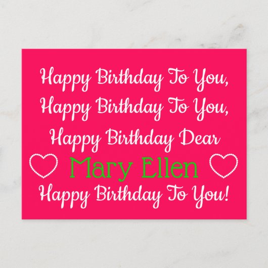 Carte Postale Chanson d'anniversaire rose et vert joyeuse person (Devant)