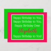 Carte Postale Chanson d'anniversaire rose et verte preppy (Devant / Derrière)