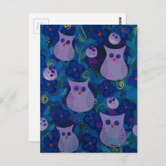 Carte Postale Chanson de nuit avec hibou, bleu (Devant / Derrière)