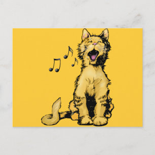 Carte Postale Chant mignon chat orange dessin avec notes musical