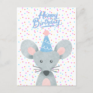 Carte Postale Chapeau de fête de souris d'anniversaire Confetti 