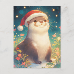 Carte Postale Chapeau de Noël en aquarelle festive de loutre