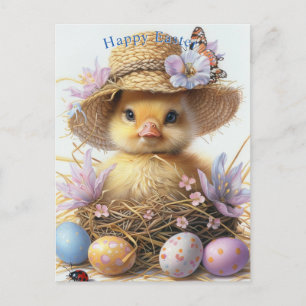 Carte Postale Chapeau de paille de caneton adorable Œufs de Pâqu