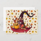 Carte Postale Chapeau de sorcière à l'aquarelle et feuilles d'au (Devant / Derrière)