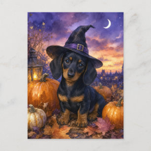 Carte Postale Chapeau de sorcière citrouille teckel