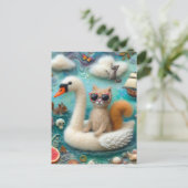 Carte Postale Char de cygne en bois drôle avec chat (Debout devant)