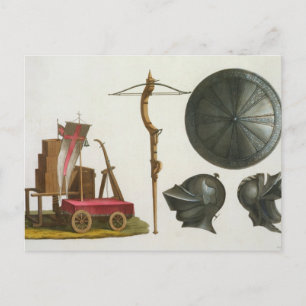 Carte Postale Char milanais, arbalète et armure, plaque 17 fr