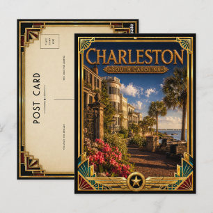 Carte Postale Charleston Caroline du Sud Art Déco Doré Vintage