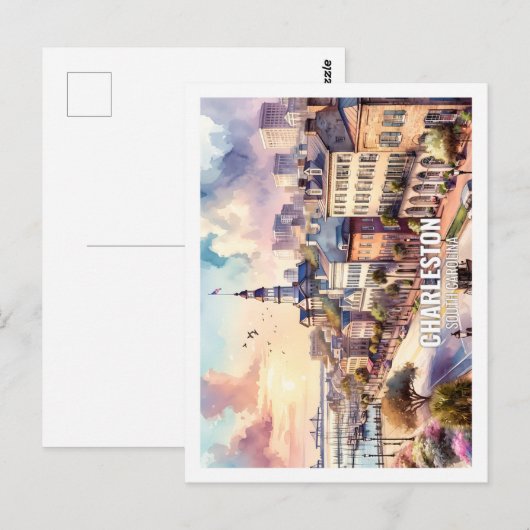 Carte Postale Charleston Caroline du Sud Fameux Lieu aquarelle (Devant / Derrière)