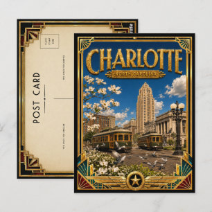 Carte Postale Charlotte Caroline du Nord Art Déco Doré Vintage
