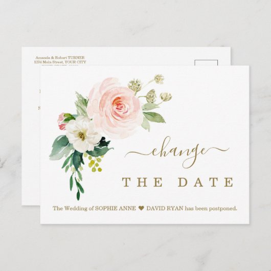 Carte Postale Charm rose Fleurs blanches Mariage Reporté (Devant / Derrière)