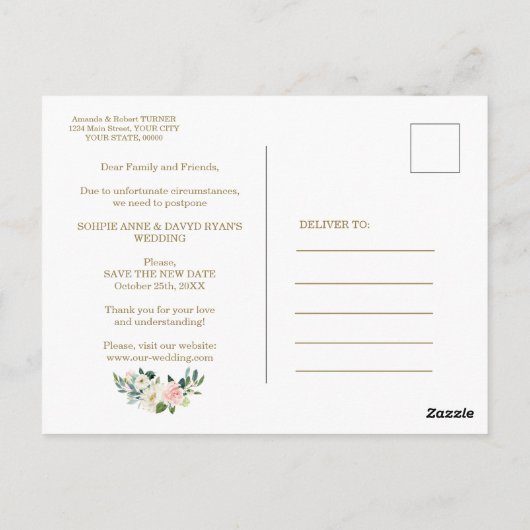 Carte Postale Charm rose Fleurs blanches Mariage Reporté (Dos)
