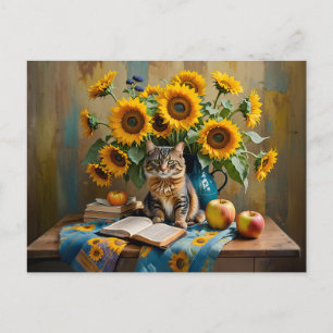 Carte Postale Charmant Chat avec Bouquet de tournesol