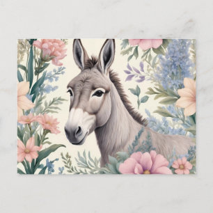 Carte Postale Charmante Donkey Pastel Fleurs Ferme Animal
