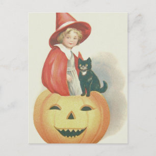 Carte Postale Charmante Sorcière Chat Noir Citrouille