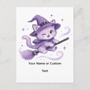 Carte Postale Charmante sorcière chat violet sur balai Halloween