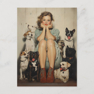 Carte Postale Charme vintage = Une jeune femme entourée de chien
