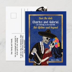Carte Postale Charro Catrina Crânes à sucre bleu Enregistrer la 