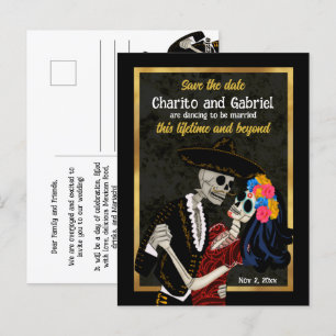 Carte Postale Charro Catrina Crânes de Sucre Noirs Économisez la