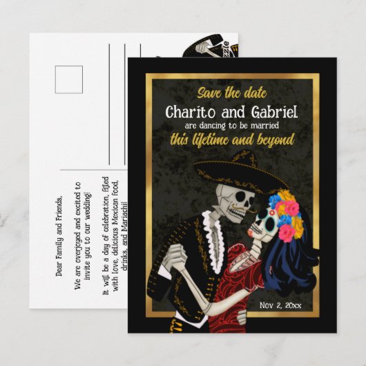 Carte Postale Charro Catrina Crânes de Sucre Noirs Économisez la (Devant / Derrière)