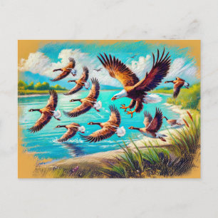 Carte Postale Chasse à l'aigle Oies sauvages par Lac Pastel Chal