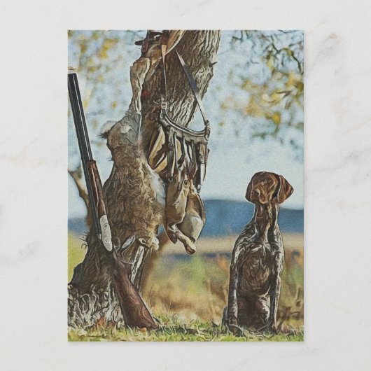 Carte Postale Chasse au lapin avec GSP (Devant)