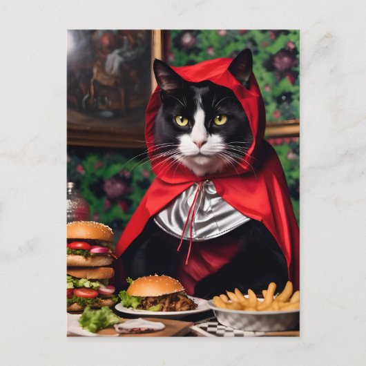 Carte Postale Chat à capuchon rouge Mange Cheesburger et Fries (Devant)