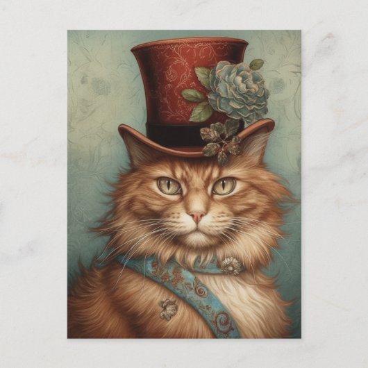 Carte Postale Chat à cheveux longs au gingembre dans un tophat (Devant)