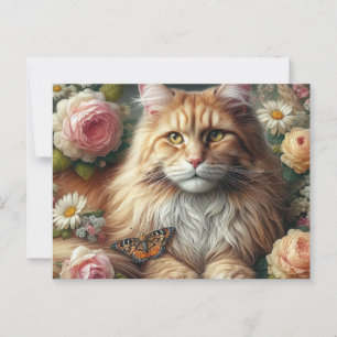 Carte Postale Chat à coon du Maine victorien avec roses roses