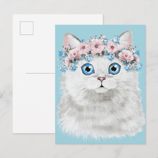 Carte Postale Chat à fleurs blanc doux (Devant / Derrière)