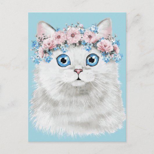 Carte Postale Chat à fleurs blanc doux (Devant)