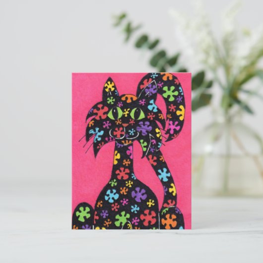 Carte Postale Chat à fleurs noires (Debout devant)