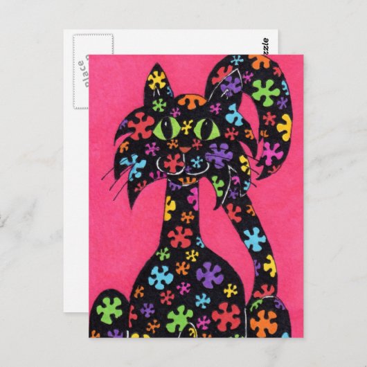 Carte Postale Chat à fleurs noires (Devant / Derrière)