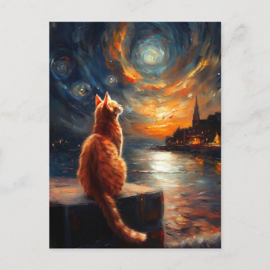 Carte Postale Chat à gingembre contemplatif | Ciel nocturne étoi (Devant)