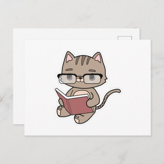 Carte Postale Chat à la lecture avec livre (Devant / Derrière)