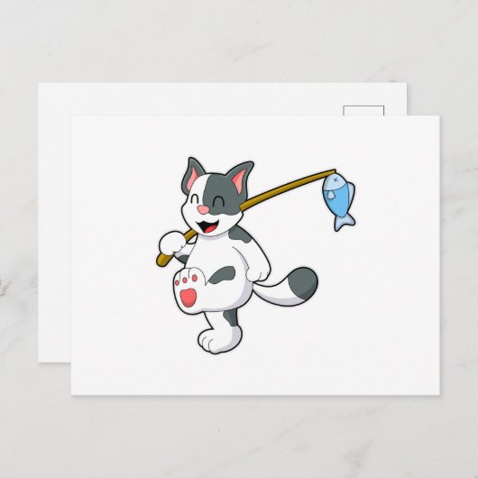 Carte Postale Chat à la pêche avec canne à pêche (Devant / Derrière)