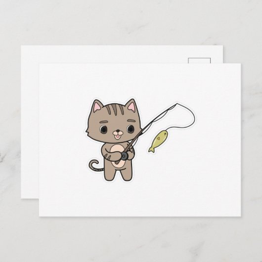 Carte Postale Chat à la pêche avec canne à pêche (Devant / Derrière)
