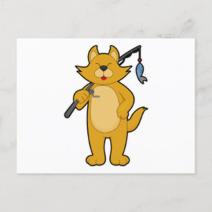 Carte Postale Chat à la pêche avec canne à pêche et poisson