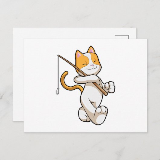 Carte Postale Chat à la pêche avec une canne à pêche (Devant / Derrière)