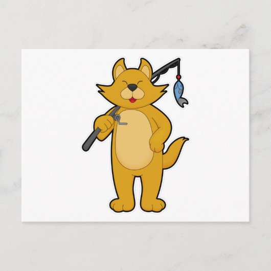 Carte Postale Chat à la pêche avec une canne à pêche & Poisson (Devant)