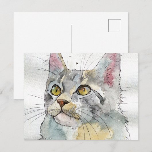 Carte Postale Chat à l'aquarelle (Devant / Derrière)