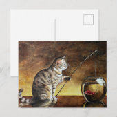 Carte Postale chat à l'aquarelle pêchant (Devant / Derrière)