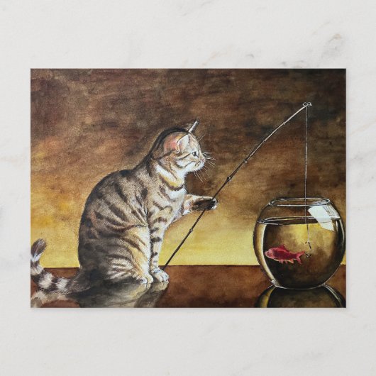 Carte Postale chat à l'aquarelle pêchant (Devant)