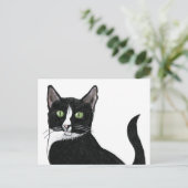 Carte Postale Chat à oreille verte noir et blanc (Debout devant)