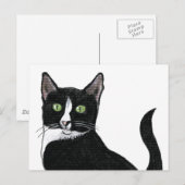 Carte Postale Chat à oreille verte noir et blanc (Devant / Derrière)