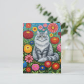 Carte Postale Chat à rayures grises fluides avec fleurs d'art fo (Debout devant)