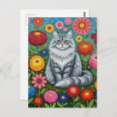 Carte Postale Chat à rayures grises fluides avec fleurs d'art fo (Devant / Derrière)